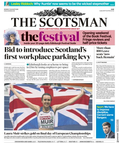 The Scotsman Newspaper Front Page (UK) for 13 August 2018