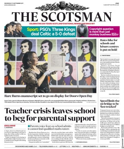 The Scotsman Newspaper Front Page (UK) for 13 September 2017