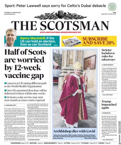 The Scotsman Newspaper Front Page (UK) for 14 January 2021