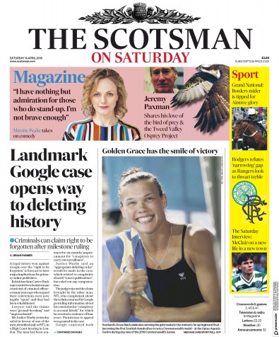 The Scotsman Newspaper Front Page (UK) for 14 April 2018