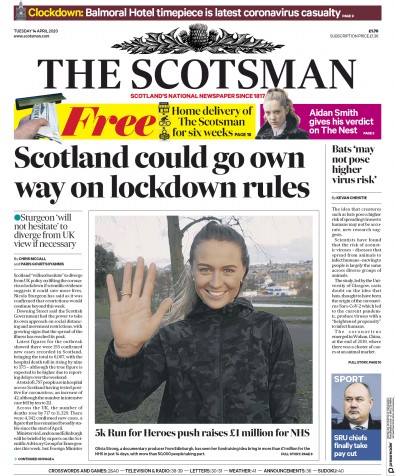 The Scotsman Newspaper Front Page (UK) for 14 April 2020