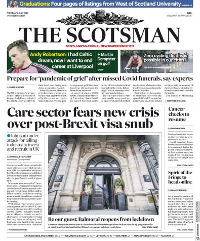 The Scotsman Newspaper Front Page (UK) for 14 July 2020