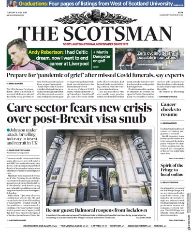 The Scotsman Newspaper Front Page (UK) for 14 July 2020