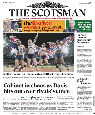 The Scotsman Newspaper Front Page (UK) for 14 August 2017