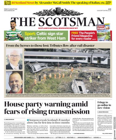 The Scotsman Newspaper Front Page (UK) for 14 August 2020