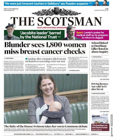 The Scotsman Newspaper Front Page (UK) for 14 September 2018