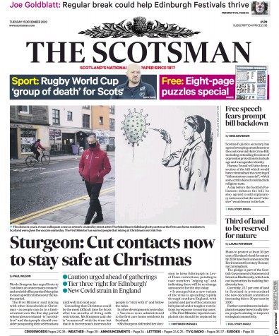 The Scotsman Newspaper Front Page (UK) for 15 December 2020