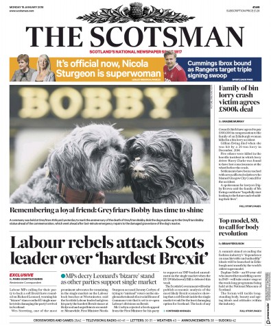 The Scotsman Newspaper Front Page (UK) for 15 January 2018