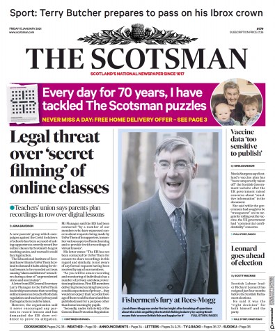 The Scotsman Newspaper Front Page (UK) for 15 January 2021
