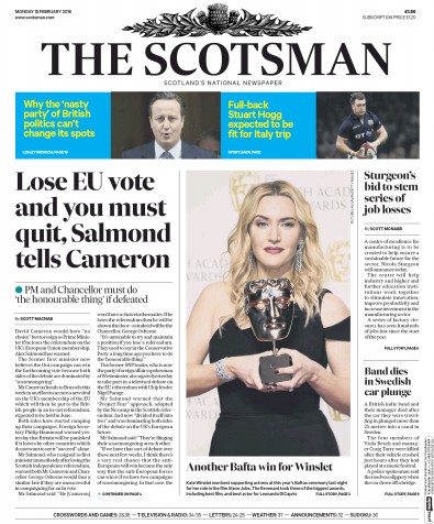 The Scotsman Newspaper Front Page (UK) for 15 February 2016