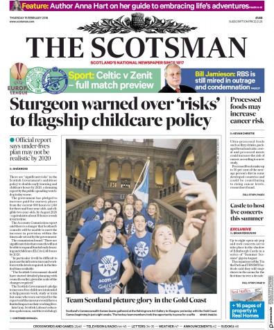 The Scotsman Newspaper Front Page (UK) for 15 February 2018