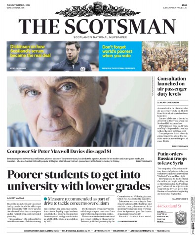 The Scotsman Newspaper Front Page (UK) for 15 March 2016