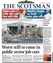 The Scotsman (UK) Newspaper Front Page for 15 April 2013