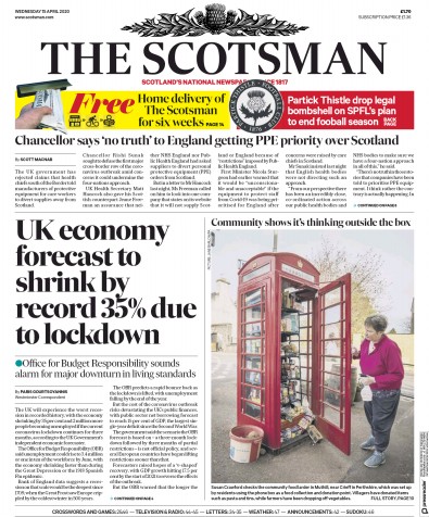The Scotsman Newspaper Front Page (UK) for 15 April 2020