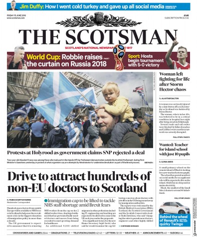 The Scotsman Newspaper Front Page (UK) for 15 June 2018