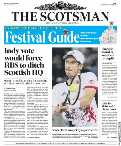 The Scotsman Newspaper Front Page (UK) for 15 August 2016