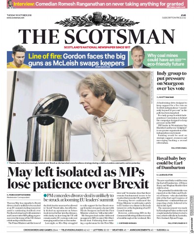 The Scotsman Newspaper Front Page (UK) for 16 October 2018