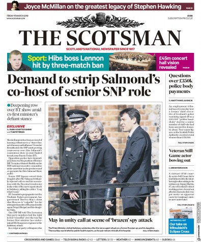 The Scotsman Newspaper Front Page (UK) for 16 March 2018