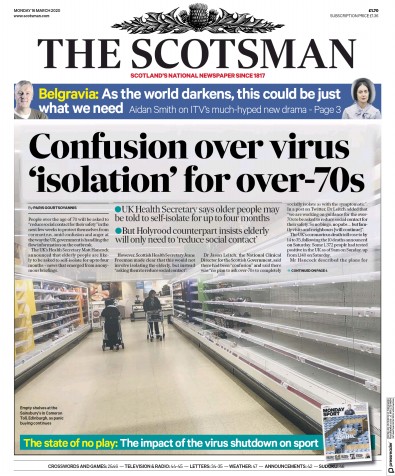 The Scotsman Newspaper Front Page (UK) for 16 March 2020