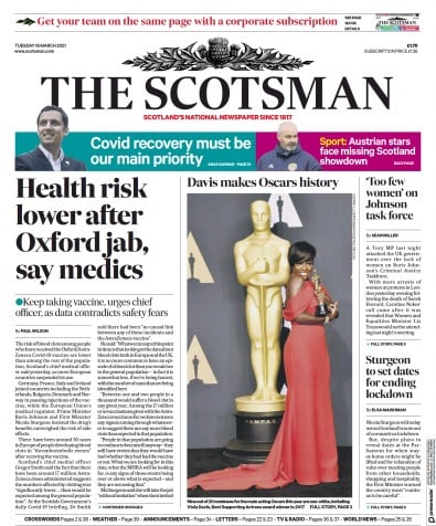 The Scotsman Newspaper Front Page (UK) for 16 March 2021