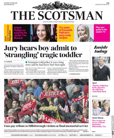 The Scotsman Newspaper Front Page (UK) for 16 April 2016