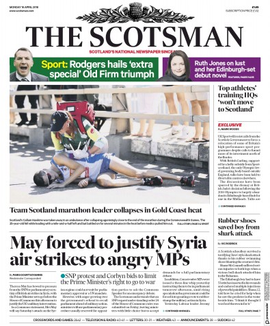The Scotsman Newspaper Front Page (UK) for 16 April 2018