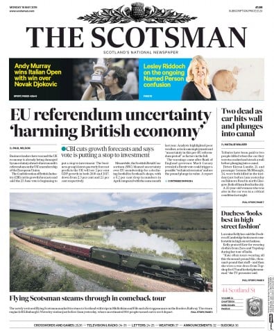 The Scotsman Newspaper Front Page (UK) for 16 May 2016