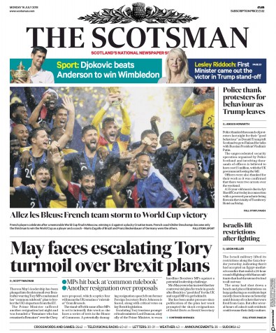 The Scotsman Newspaper Front Page (UK) for 16 July 2018
