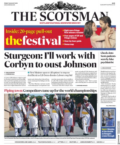 The Scotsman Newspaper Front Page (UK) for 16 August 2019