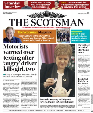 The Scotsman Newspaper Front Page (UK) for 16 September 2017