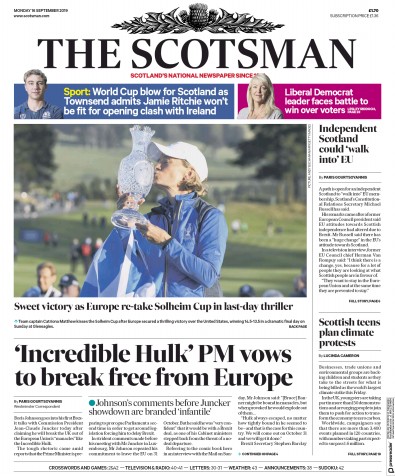 The Scotsman Newspaper Front Page (UK) for 16 September 2019