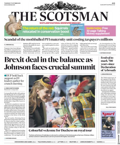 The Scotsman Newspaper Front Page (UK) for 17 October 2019