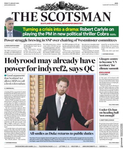 The Scotsman Newspaper Front Page (UK) for 17 January 2020