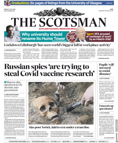 The Scotsman Newspaper Front Page (UK) for 17 July 2020