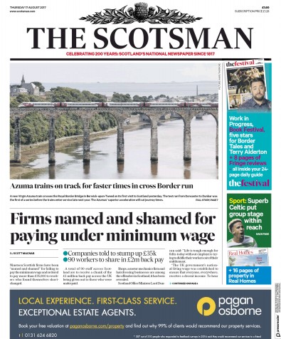 The Scotsman Newspaper Front Page (UK) for 17 August 2017