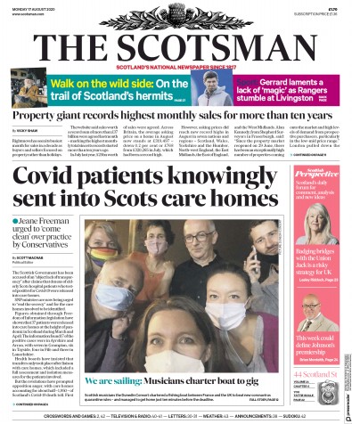 The Scotsman Newspaper Front Page (UK) for 17 August 2020