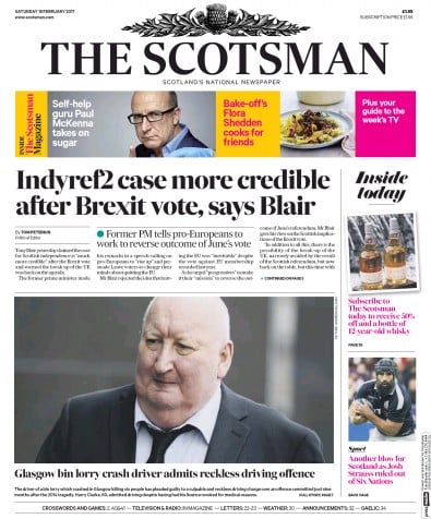 The Scotsman Newspaper Front Page (UK) for 18 February 2017