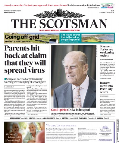 The Scotsman Newspaper Front Page (UK) for 18 February 2021