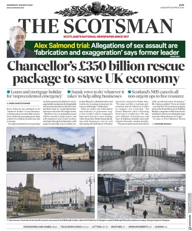 The Scotsman Newspaper Front Page (UK) for 18 March 2020