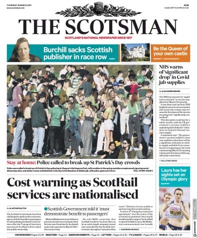 The Scotsman Newspaper Front Page (UK) for 18 March 2021