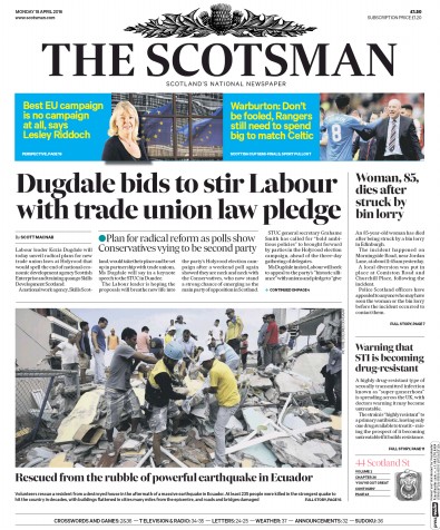 The Scotsman Newspaper Front Page (UK) for 18 April 2016