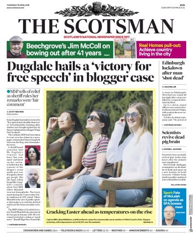 The Scotsman Newspaper Front Page (UK) for 18 April 2019