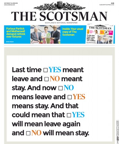 The Scotsman Newspaper Front Page (UK) for 18 June 2016