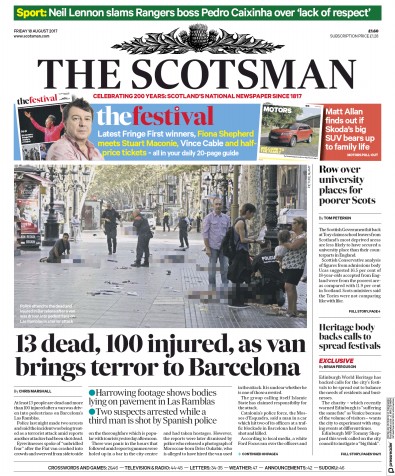 The Scotsman Newspaper Front Page (UK) for 18 August 2017