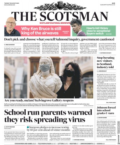 The Scotsman Newspaper Front Page (UK) for 18 August 2020