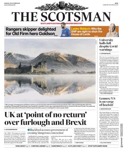 The Scotsman Newspaper Front Page (UK) for 19 October 2020