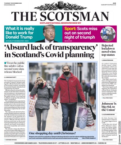 The Scotsman Newspaper Front Page (UK) for 19 November 2020