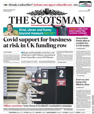 The Scotsman Newspaper Front Page (UK) for 19 January 2021