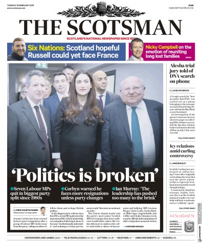 The Scotsman Newspaper Front Page (UK) for 19 February 2019