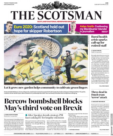 The Scotsman Newspaper Front Page (UK) for 19 March 2019
